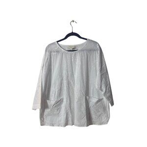 Cynthia Rowley Womens Embroidered White Blouse 1X 100% Cotton 3/4 Sleeve Loose F